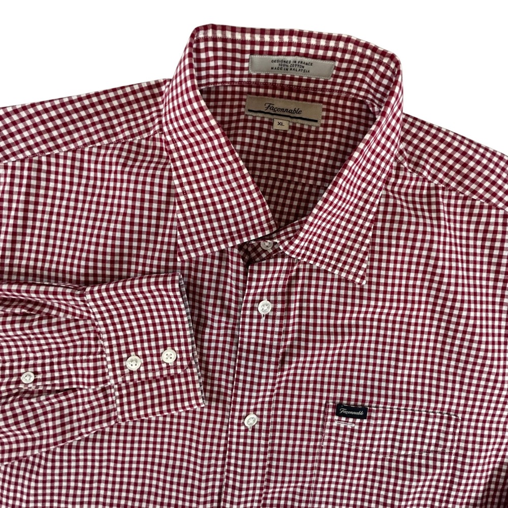 Faconnable Mens XL Red White Gingham Cotton Long Sleeve Button Down Shirt